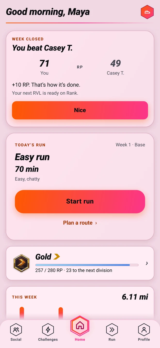 RVL app Home screen showing a rival week win, today’s run and the Gold rank